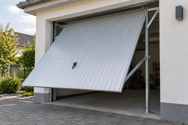 Light grey up-and-over garage door while opening, its bottom edge swinging outwards